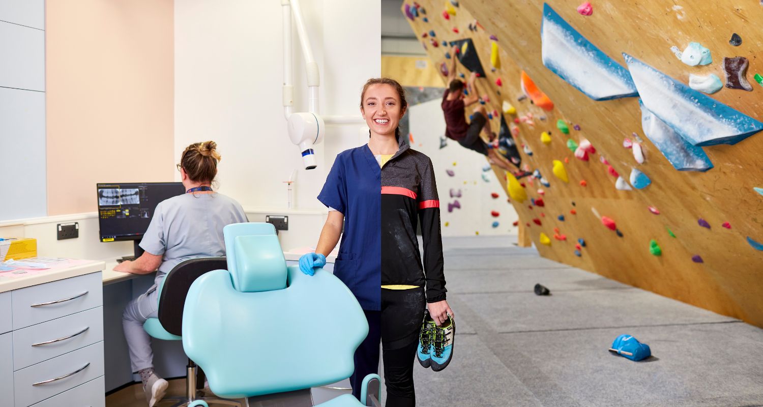 split image of a healthcare professional at work, beside a patient and out shopping