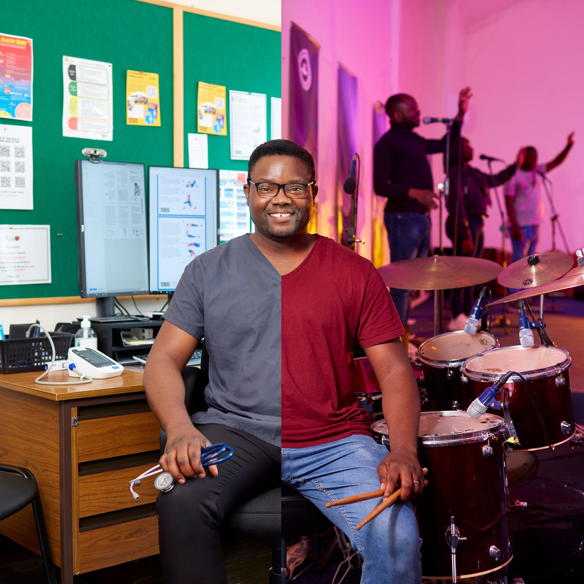 Split image showing John at work and in his leisure time, playing drums