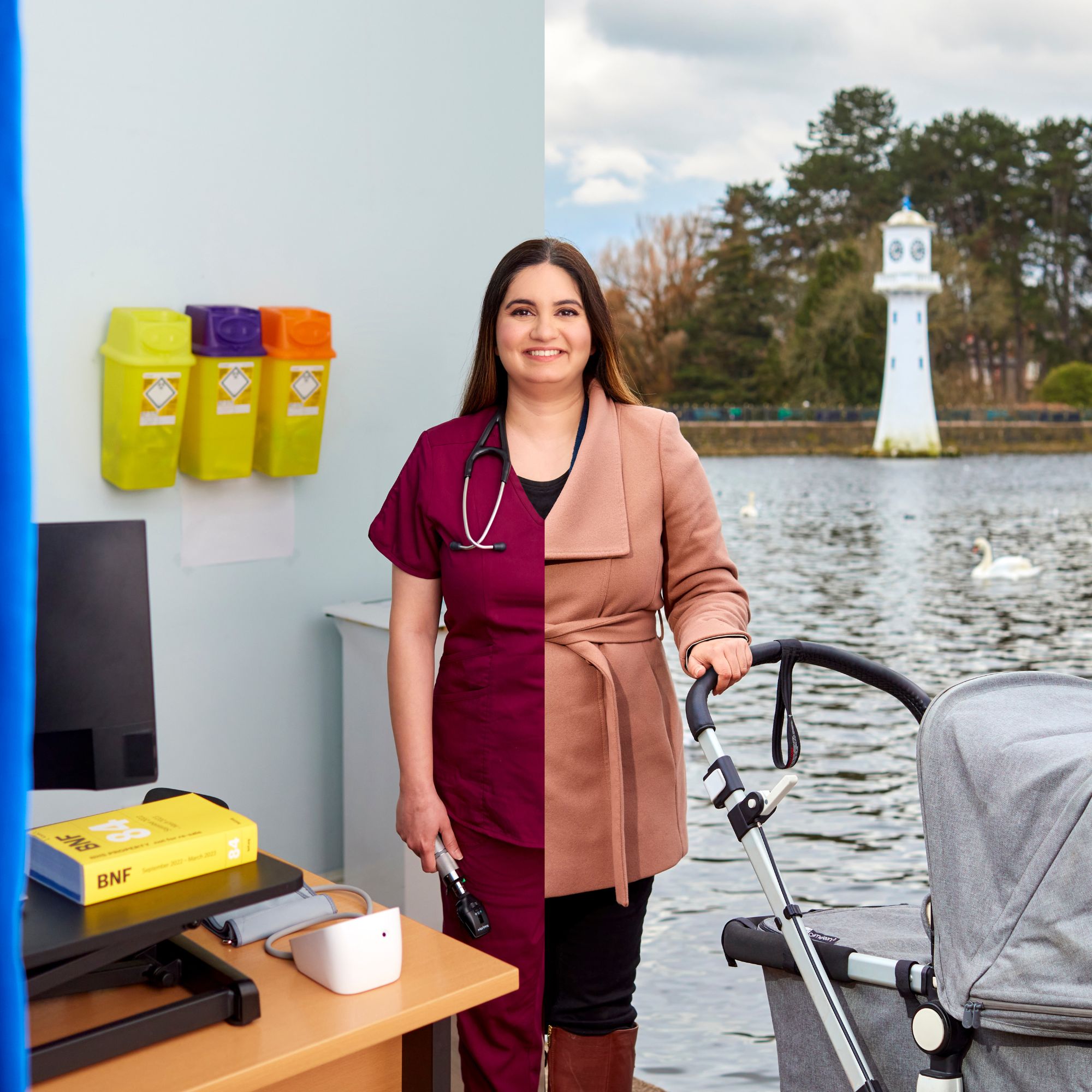 Split image showing Hooria at work and in her leisure time, taking mher baby out for a walk in the park