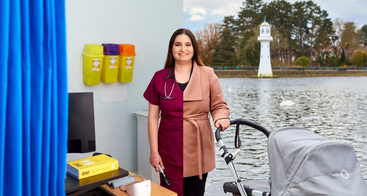 split image of a healthcare professional at work and out for a walk in the park with a baby in a pram