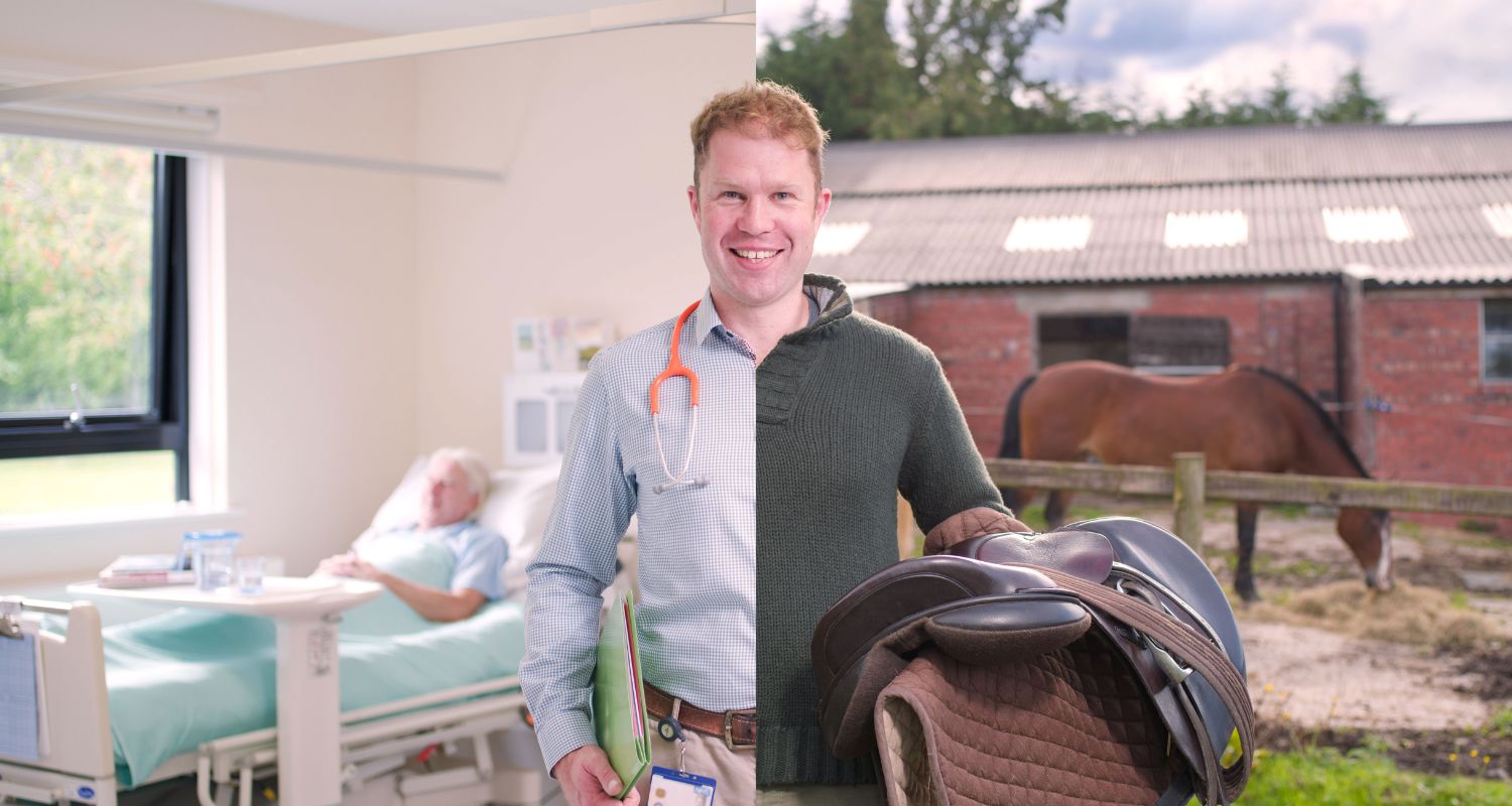 split image showing a man at work, next to a patient and in his leasure time, horseriding