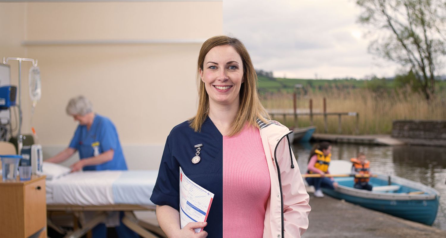 split image showing a woman at work in scrubs and out by the lake