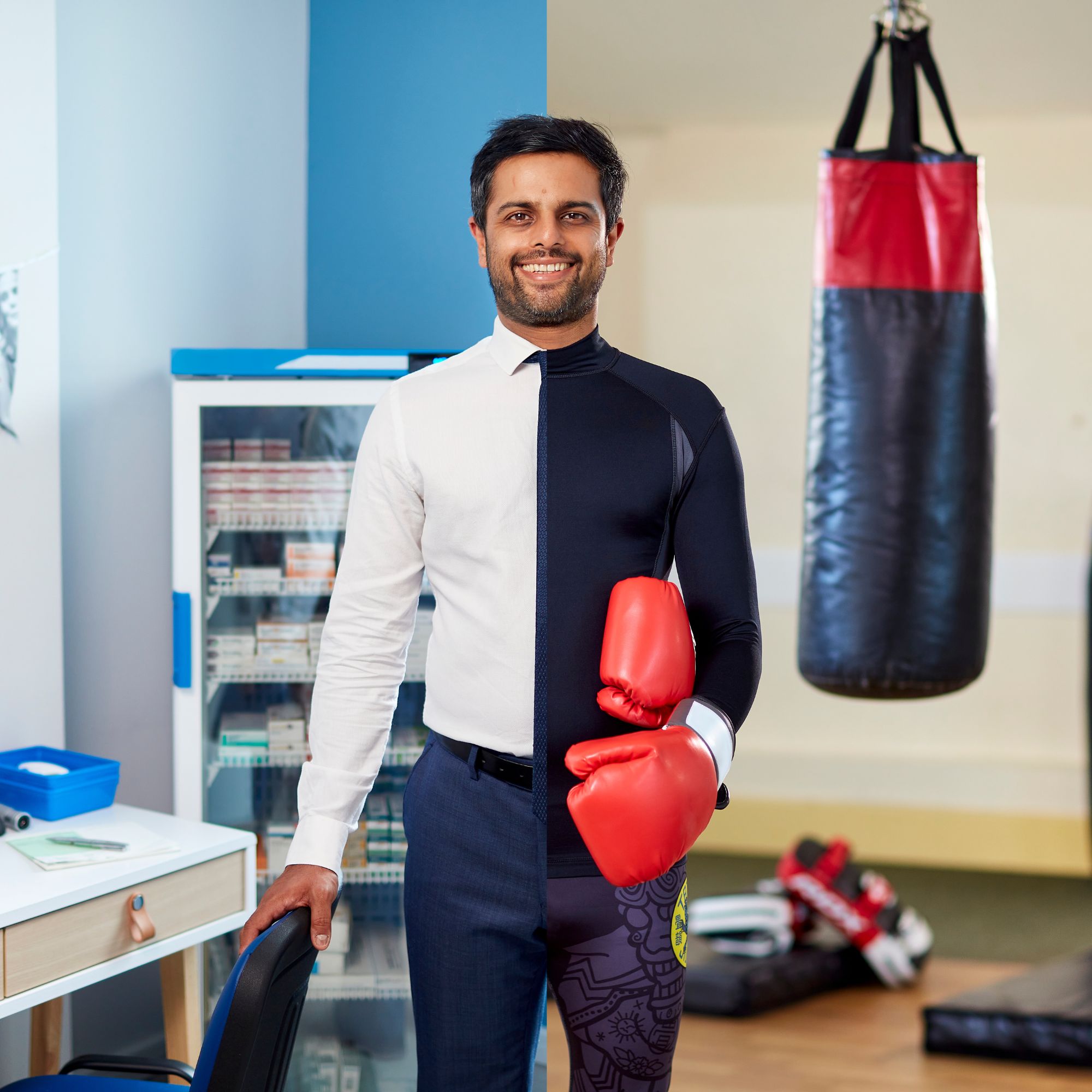 Split image showing Dhimant at work and in his leisure time, boxing