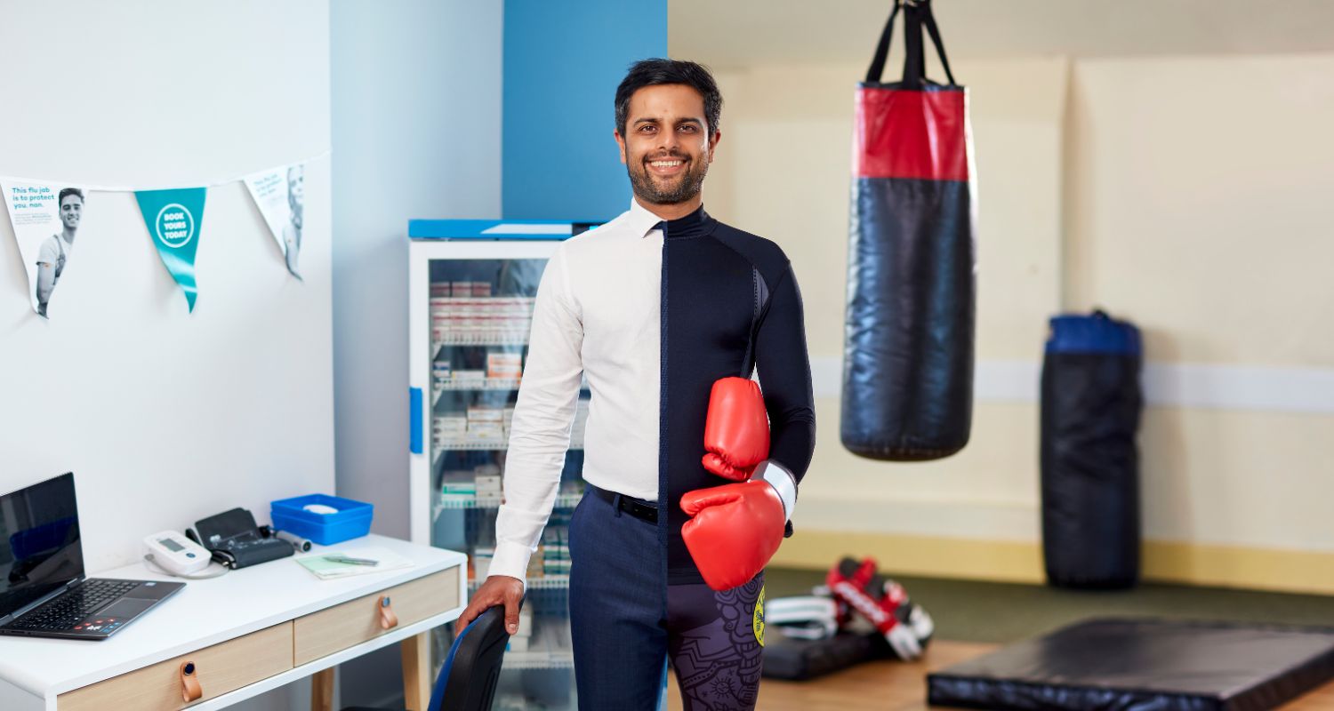 split image of a healthcare professional standing beside his desk and at the gym holding boxing gloves