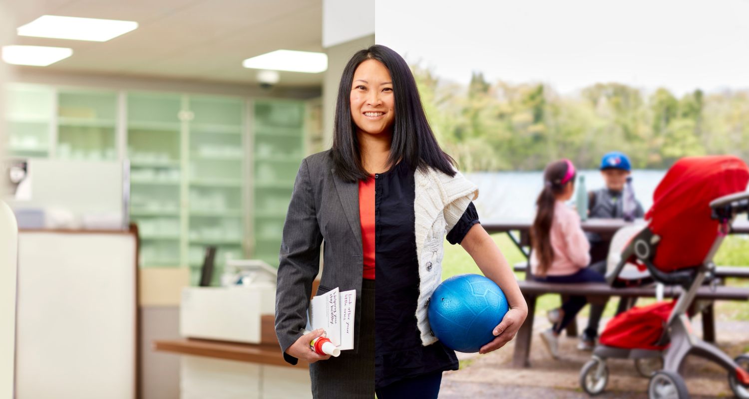 split image showing a woman in a suit holding some documents and her out in a park holding a football.