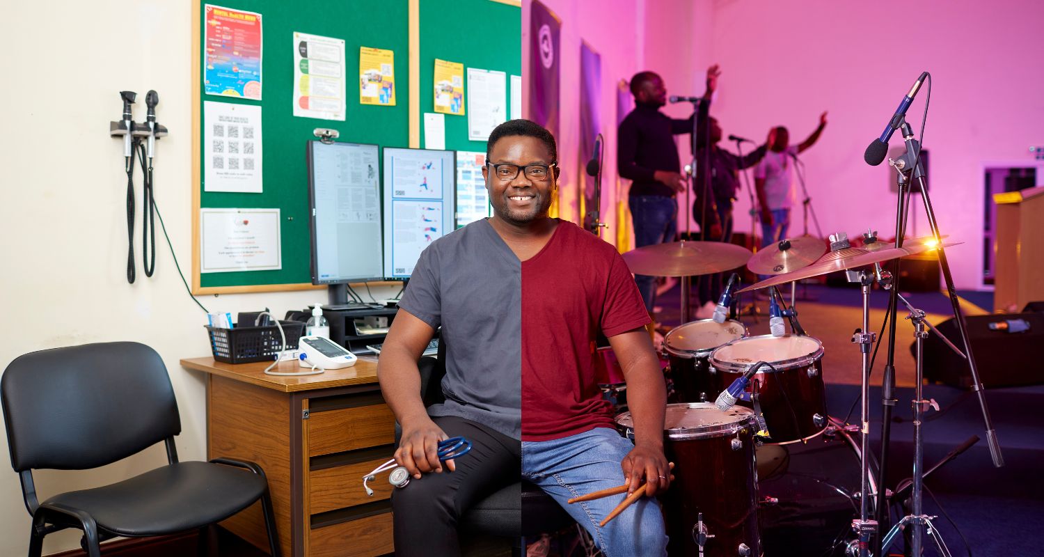 split image showing a man in his office holding a stethoscope and at church, in front of a drumset