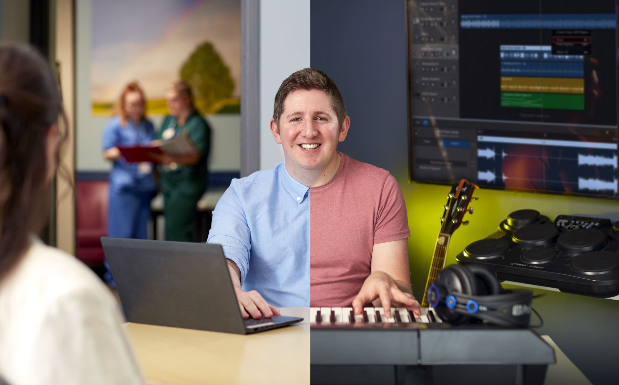 Split image showing James at work and in his leisure time